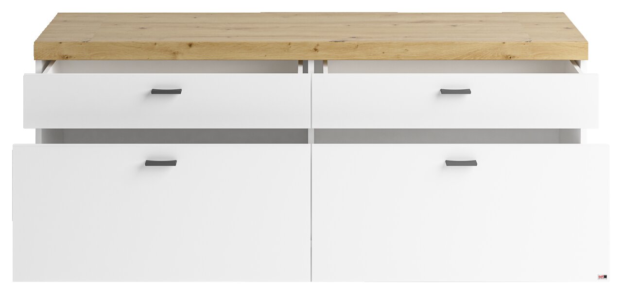 Set one by Musterring TV-Lowboard SET ONE LANCASTER Frontansicht eines TV-Lowboards mit weißem Korpus und Holzoberfläche, zwei offene Schubladen oben.