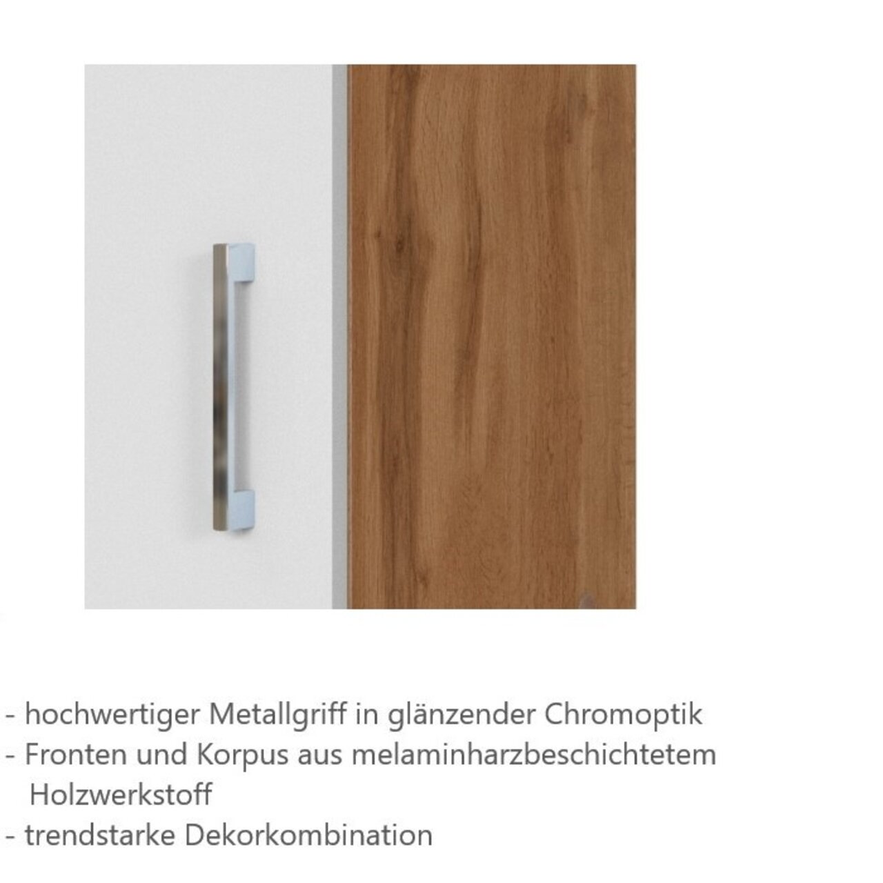 Nahaufnahme eines Küchenschranks mit einem hochwertigen Metallgriff in glänzender Chromoptik, kombiniert mit Fronten aus melaminharzbeschichtetem Holzwerkstoff in trendstarker Dekorkombination.