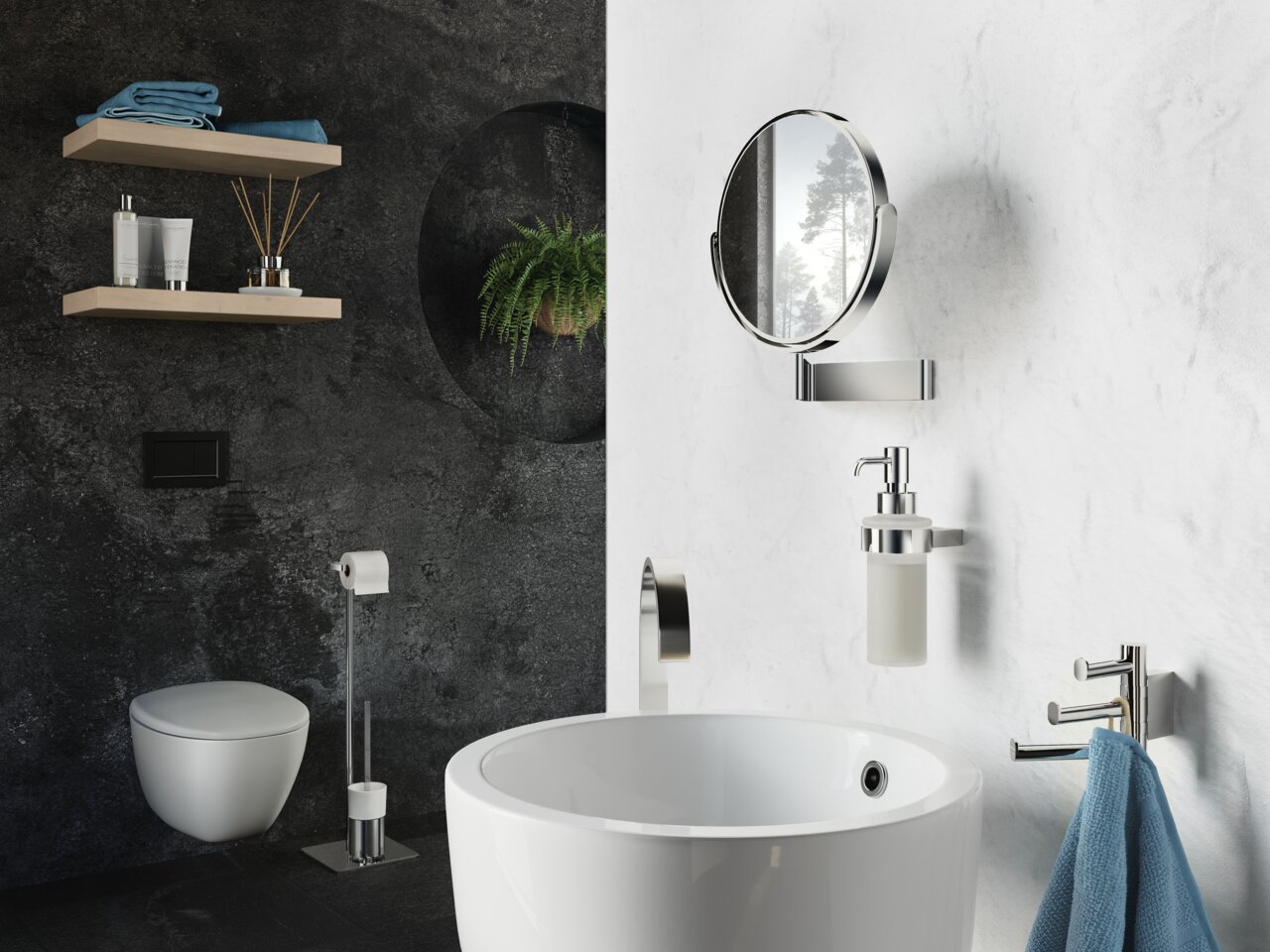 Verchroomde make-upspiegel aan de muur in een moderne badkamer, zijaanzicht