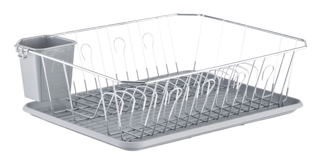 Silberner Geschirrabtropfständer mit Besteckhalter, seitliche Perspektive