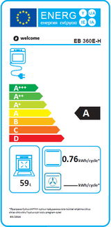 Energieeffizienzlabel für ein Küchengerät mit der Klasse A, 59 Liter Volumen, Energieverbrauch von 0,76 kWh pro Zyklus, Frontalansicht.
