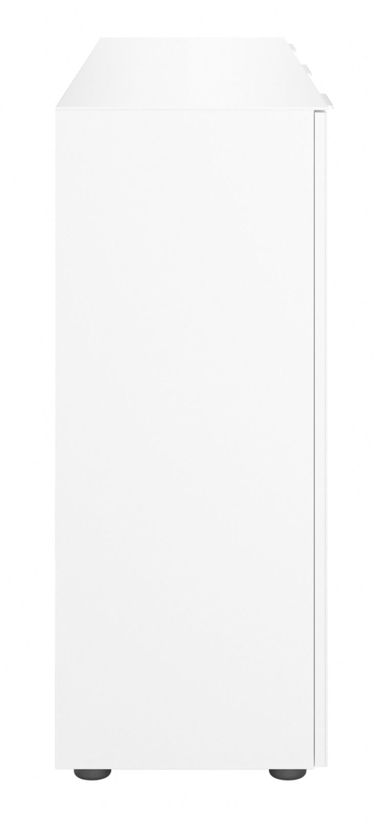 Seitenansicht eines weißen XL-Sideboards mit schlichten Linien und modernen Design.