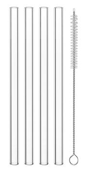 Vier transparente Glasstrohhalme und eine Reinigungsbürste, frontal abgebildet.