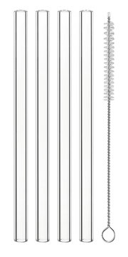 Vier transparente Glasstrohhalme und eine Reinigungsbürste, frontal abgebildet.