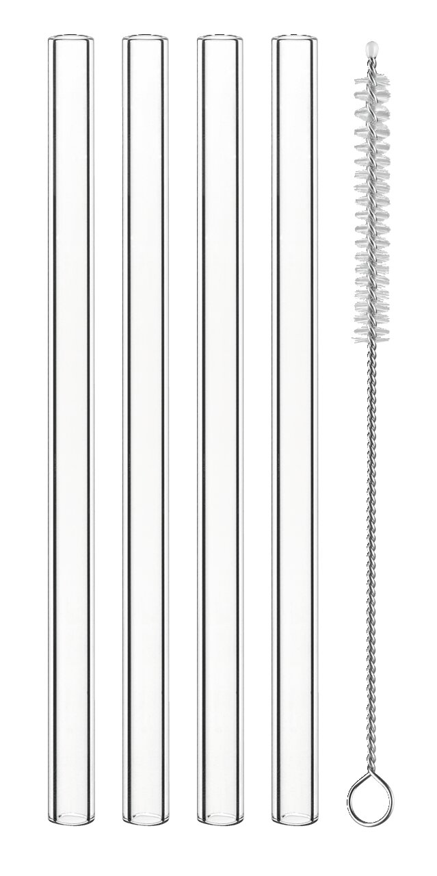 Vier transparente Glasstrohhalme und eine Reinigungsbürste, frontal abgebildet.