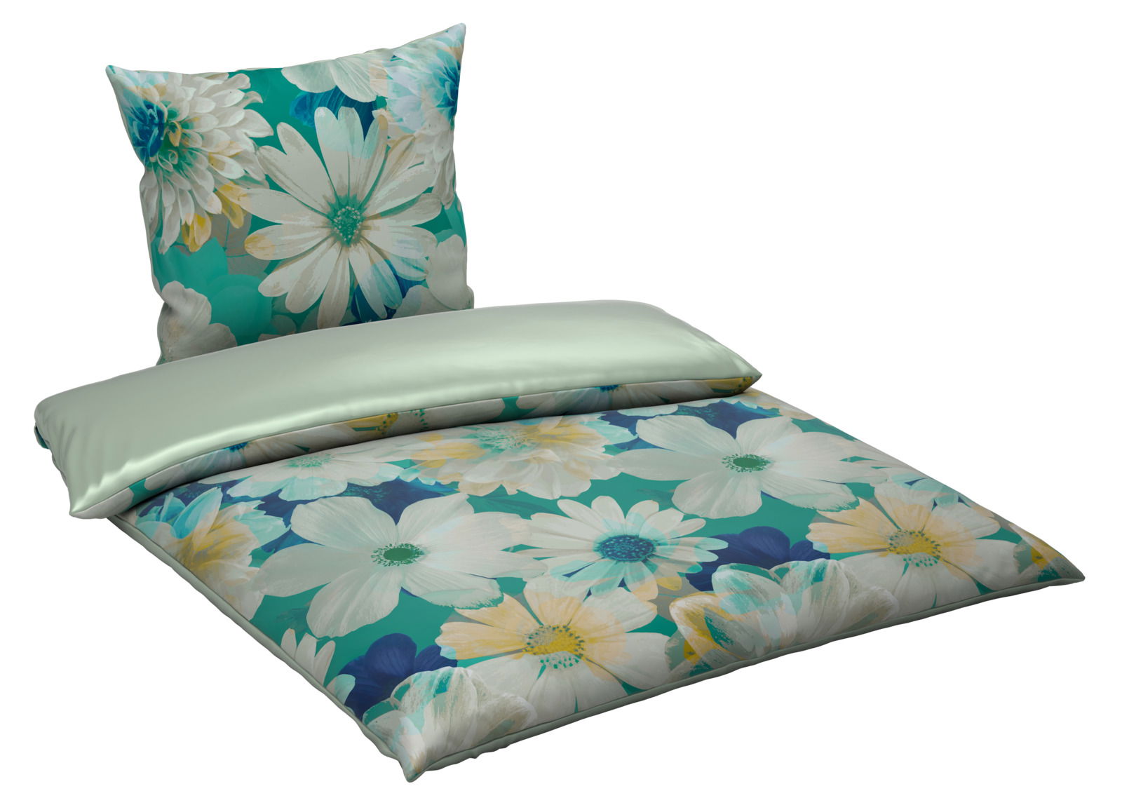 Wendebettwäsche 135x200cm mit floralem Muster in Türkis und Weiß, Ansicht von schräg oben