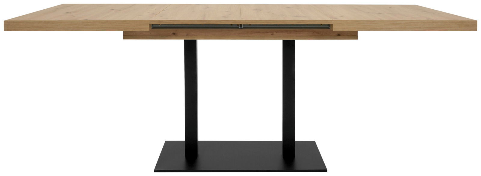 Moderner Esstisch aus Holz mit schwarzem Metallgestell, seitliche Perspektive