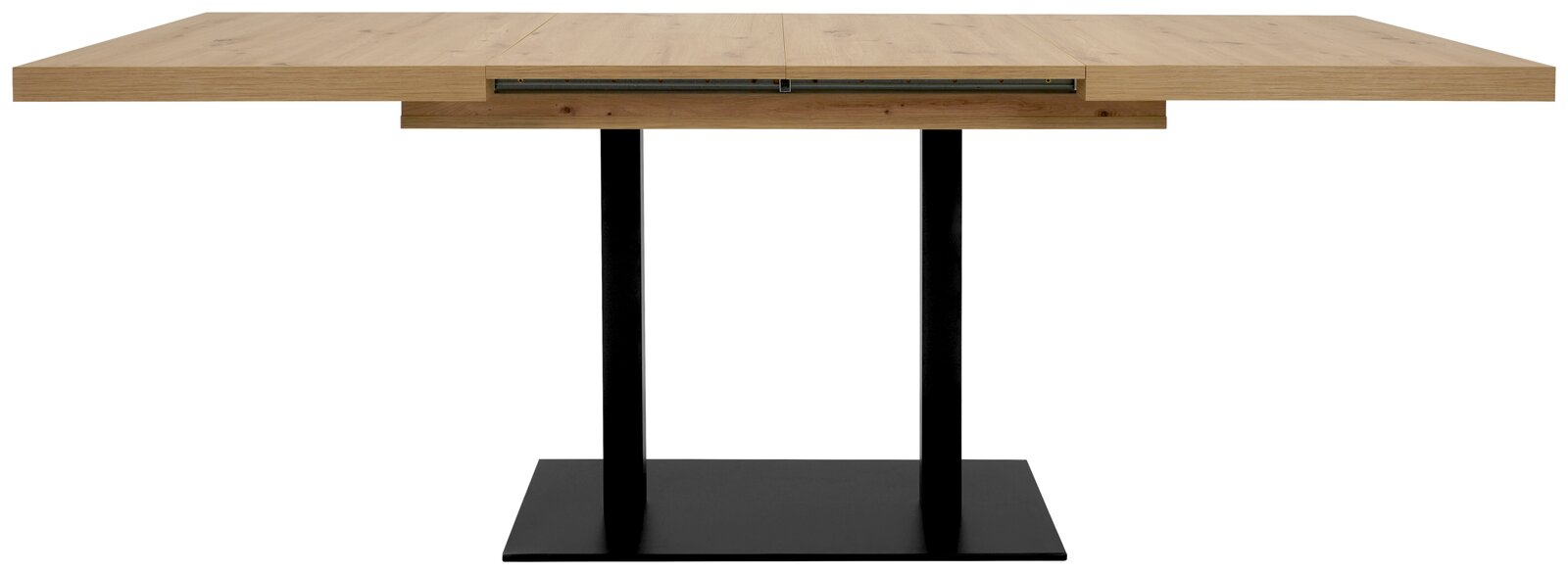 Moderner Esstisch aus Holz mit schwarzem Metallgestell, seitliche Perspektive