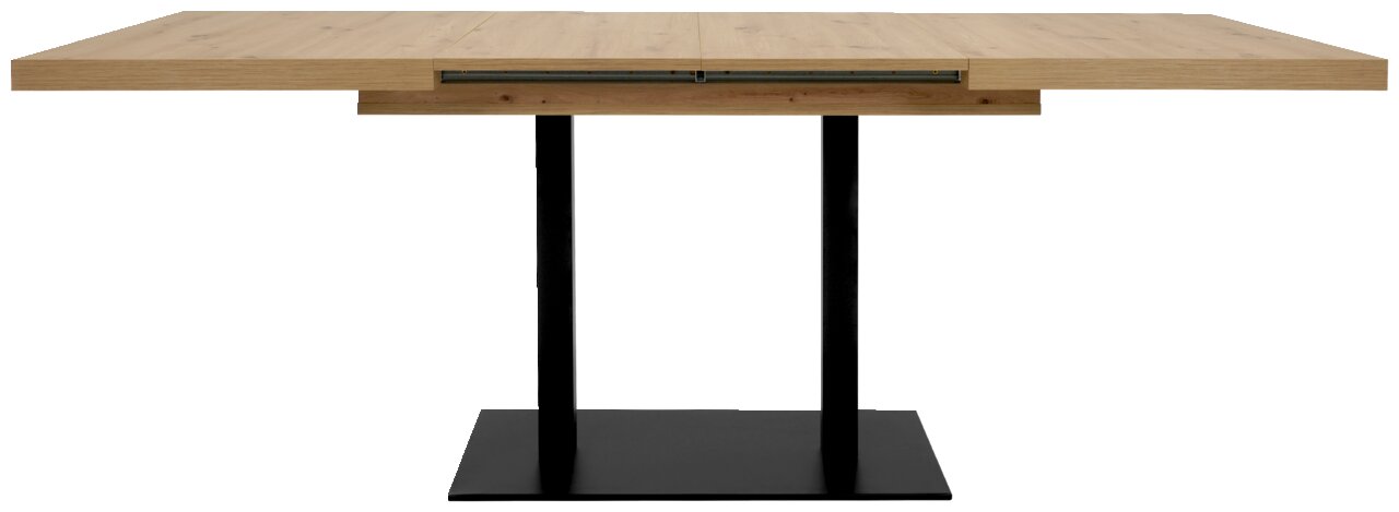 Moderner Esstisch aus Holz mit schwarzem Metallgestell, seitliche Perspektive