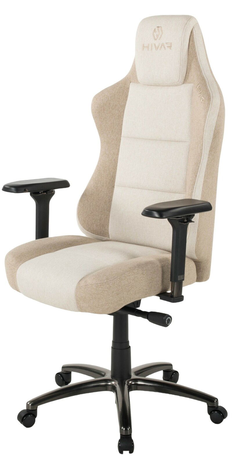 Beiger Gaming Stuhl mit verstellbaren Armlehnen und ergonomischem Design, seitliche Perspektive