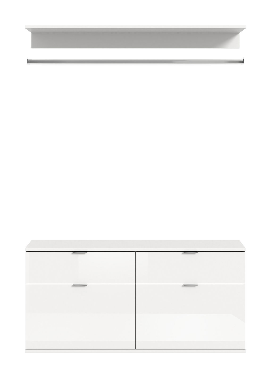 Weiße Kommode mit vier Schubladen und einem Regalbrett, frontal betrachtet.