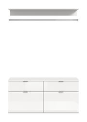 Weiße Kommode mit vier Schubladen und einem Regalbrett, frontal betrachtet.