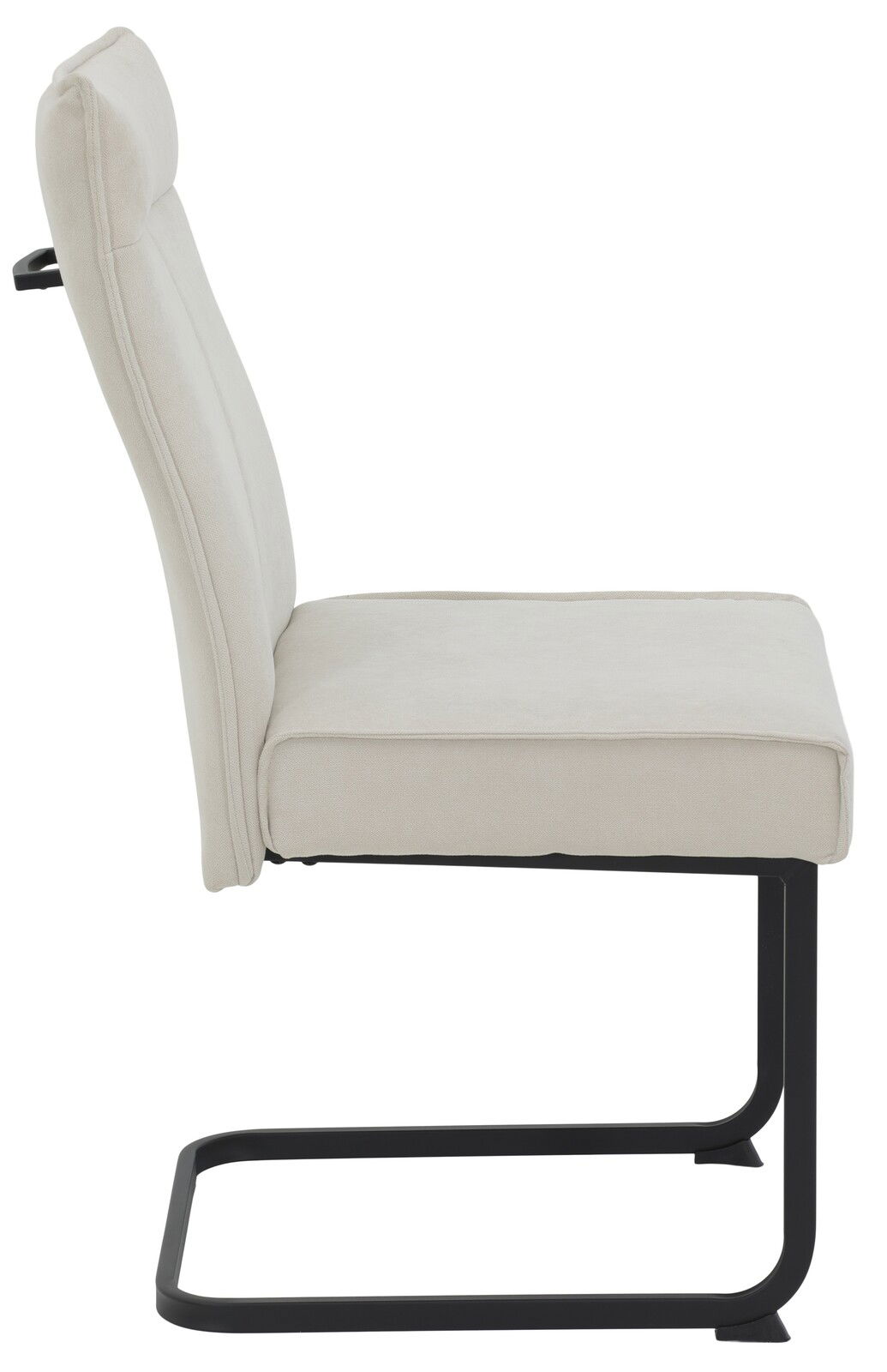 Seitenansicht eines modernen Schwingstuhls mit beigem Polster und schwarzem Metallgestell.