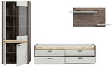 Wohnkombination mit Eckschrank, TV-Lowboard und Wandregal in Holzoptik, Frontalansicht