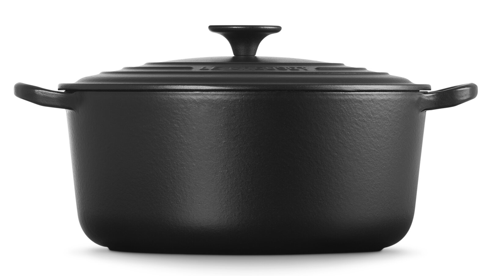 Schwarzer Bräter mit Deckel, seitliche Perspektive