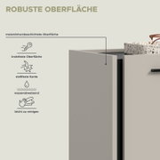 Nahaufnahme eines hellgrauen Badezimmerschranks/Waschtisch-Unterschranks mit melaminharzbeschichteter, robuster Oberfläche; perspektivisch von vorne rechts, leicht seitlich, mit sichtbarer Kante und Waschbecken oben.