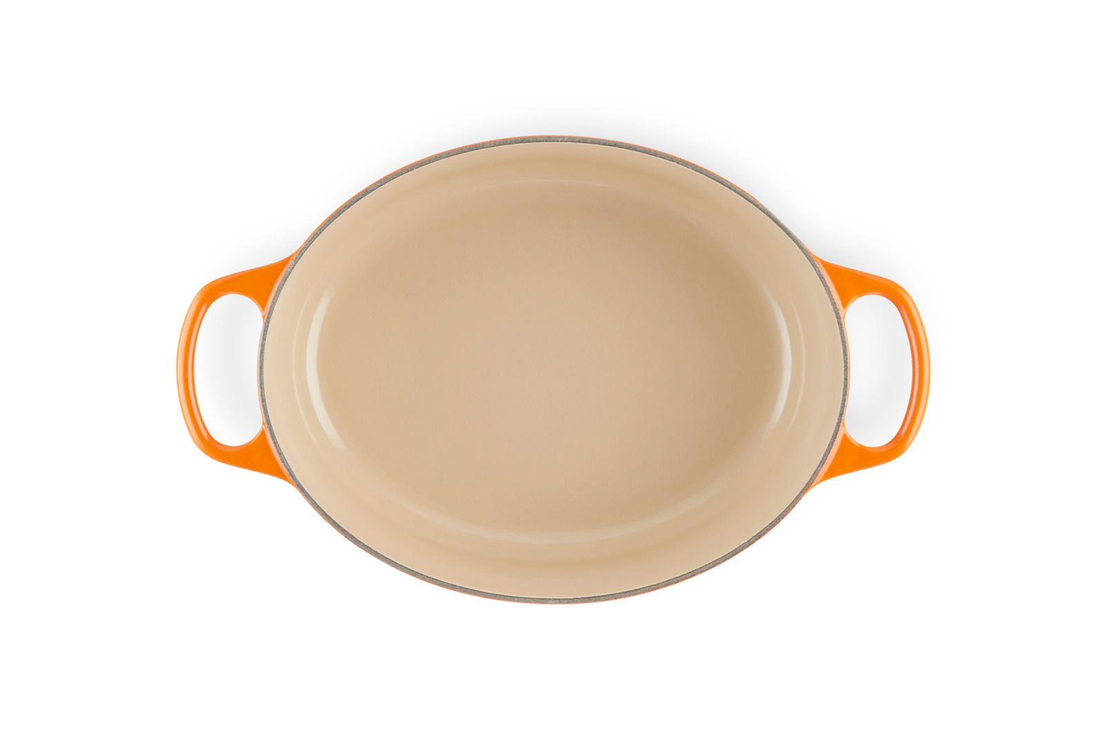 Runder Bräter in Ofenrot, Draufsicht mit zwei Griffen.