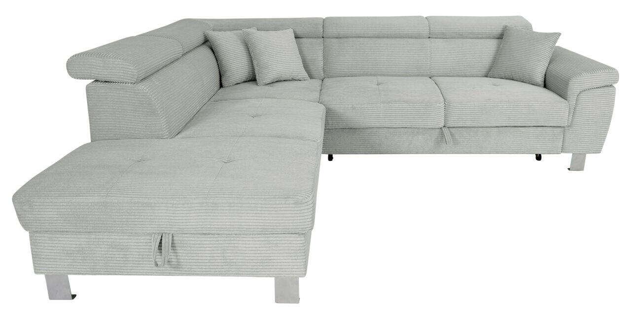 Graues Ecksofa mit zwei Kissen, aus einer leicht erhöhten Perspektive fotografiert.