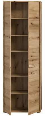 Hochschrank aus Holz mit geöffneter Tür, zeigt mehrere Regalböden, Frontalansicht