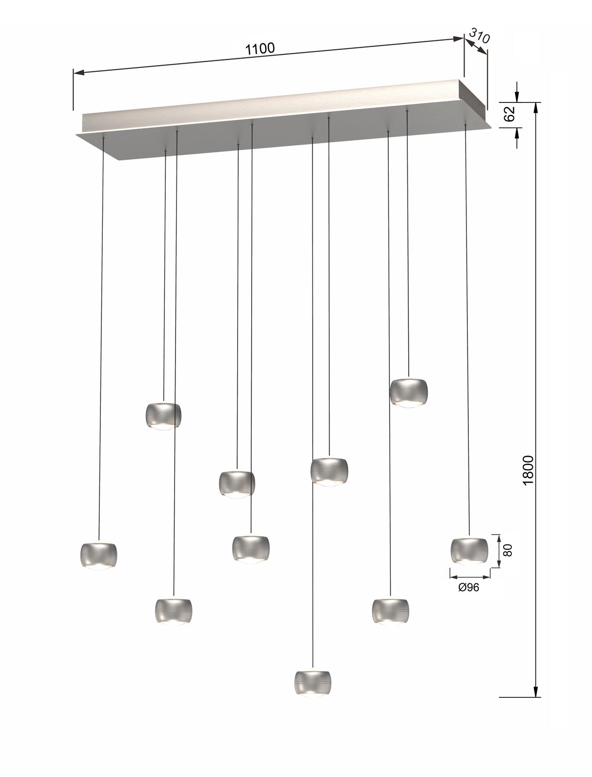 LED-Pendelleuchte mit mehreren hängenden Leuchtelementen, seitliche Perspektive