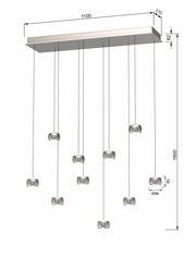 LED-Pendelleuchte mit mehreren hängenden Leuchtelementen, seitliche Perspektive