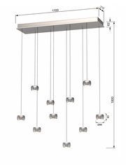 LED-Pendelleuchte mit mehreren hängenden Leuchtelementen, seitliche Perspektive