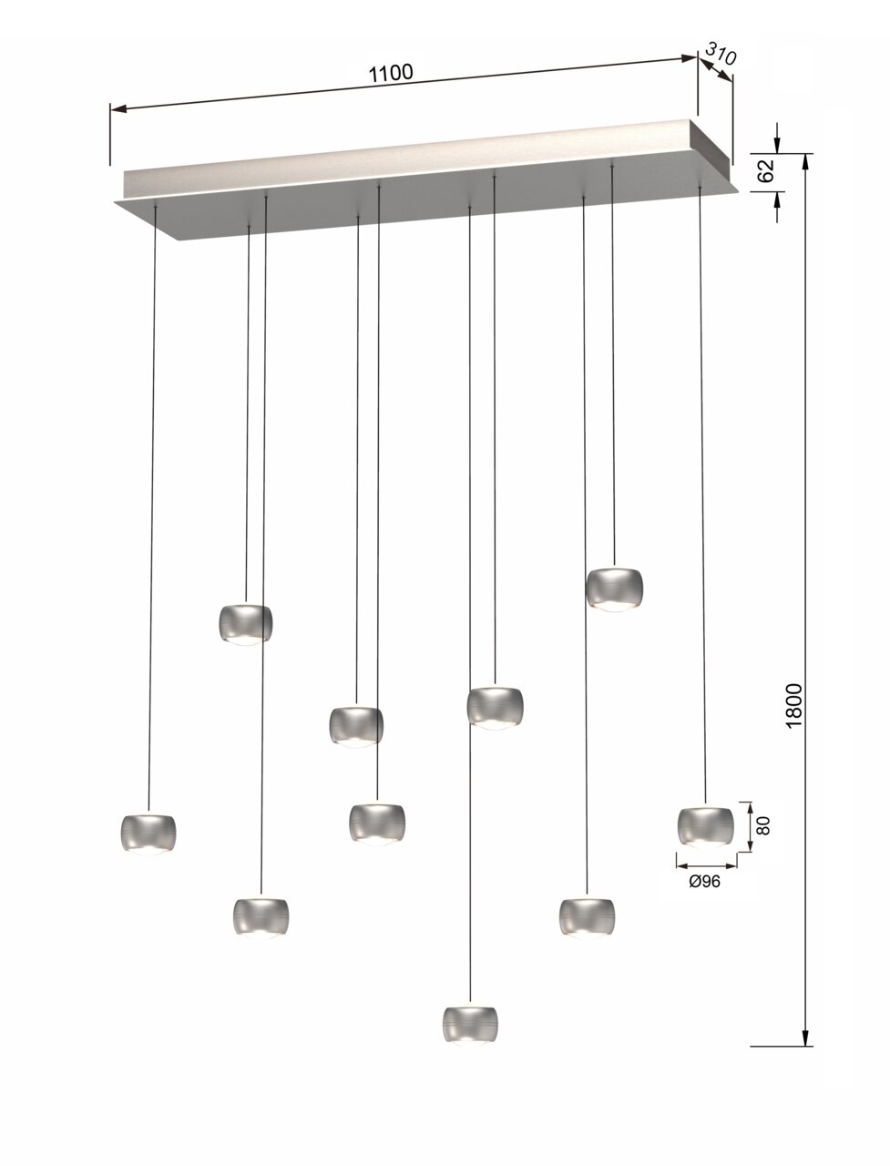 LED-Pendelleuchte mit mehreren hängenden Leuchtelementen, seitliche Perspektive