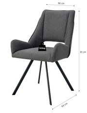 Gepolsterter Esszimmerstuhl in Dunkelgrau mit Armlehnen und schwarzen Metallbeinen, Maße ca. 56 cm breit, 63 cm tief, 91 cm hoch, belastbar bis 120 kg, Ansicht schräg von vorne.