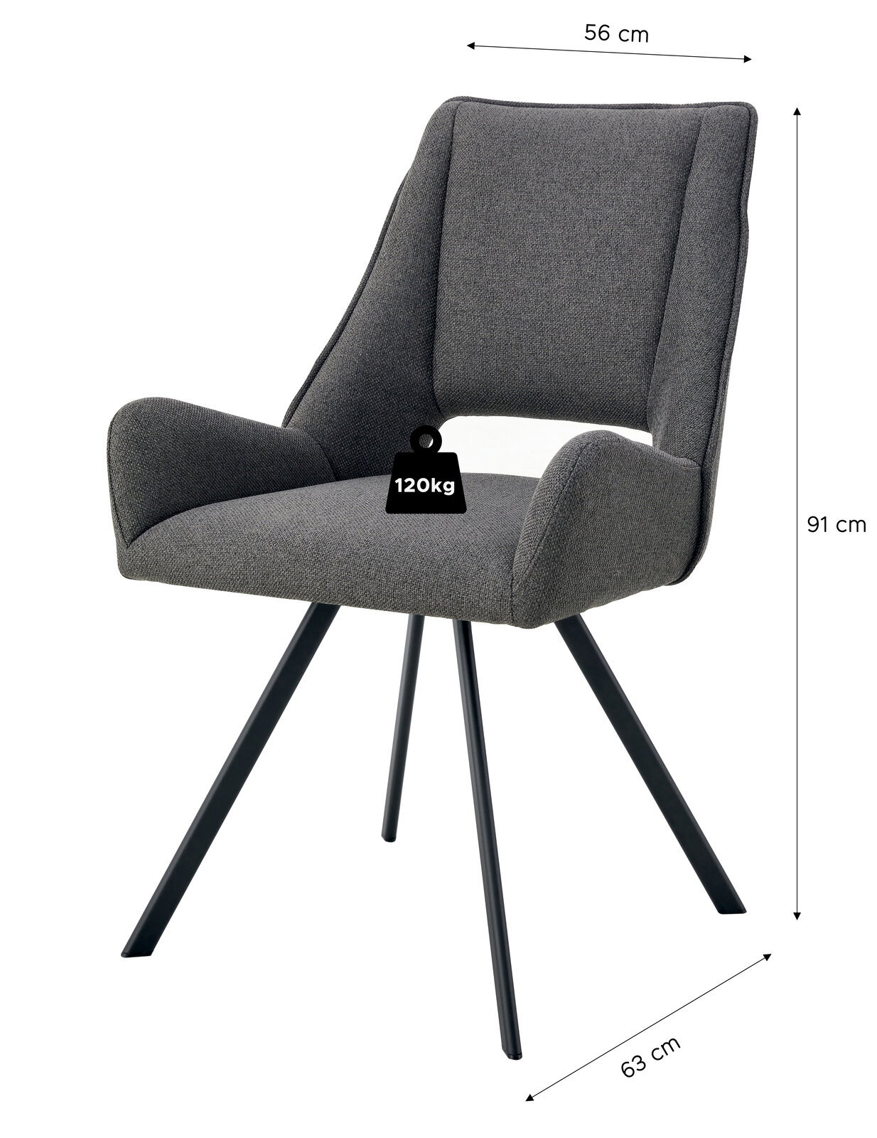 Gepolsterter Esszimmerstuhl in Dunkelgrau mit Armlehnen und schwarzen Metallbeinen, Maße ca. 56 cm breit, 63 cm tief, 91 cm hoch, belastbar bis 120 kg, Ansicht schräg von vorne.