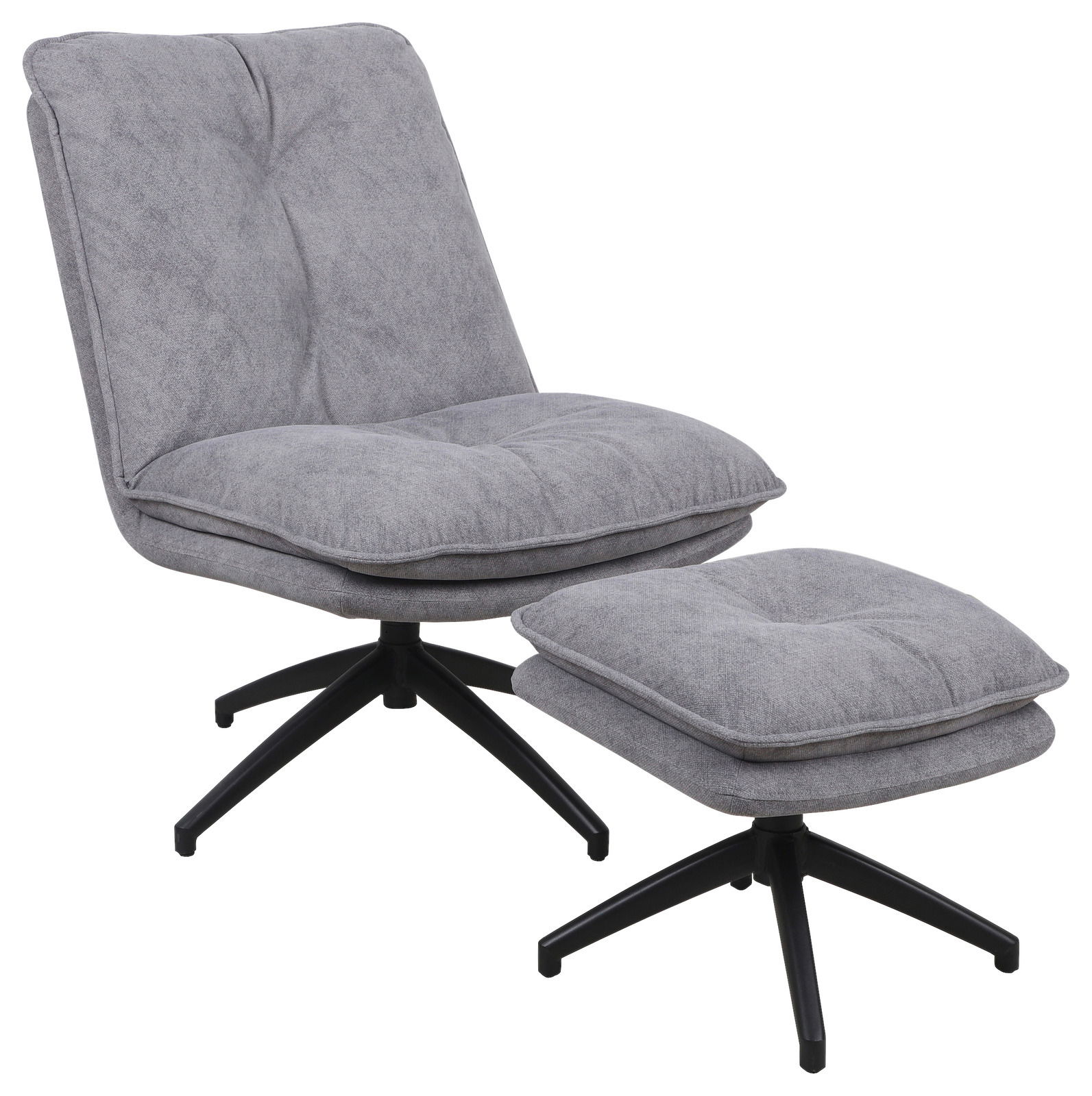 Grauer drehbarer Sessel mit Hocker, seitliche Perspektive