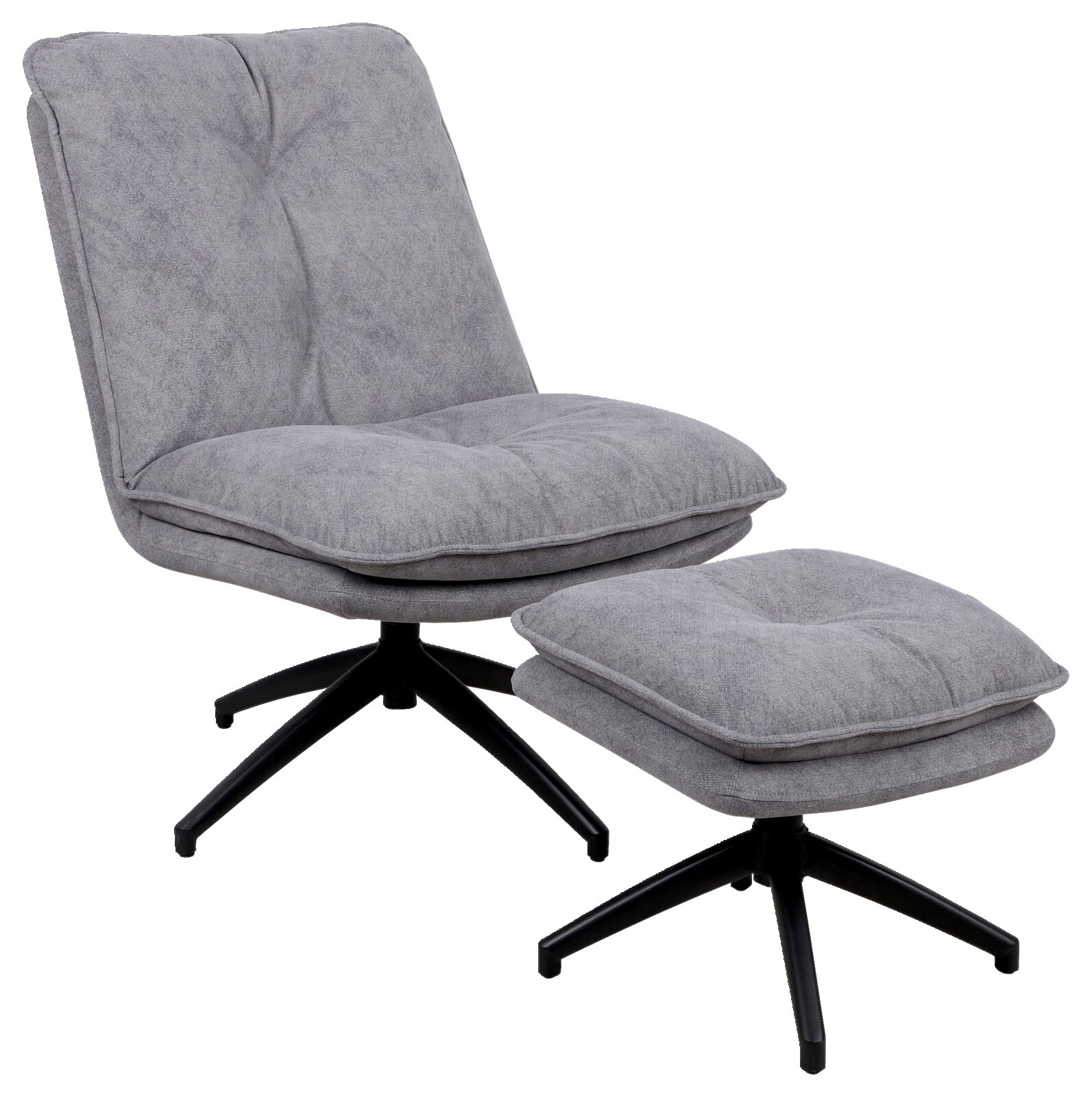 Grauer drehbarer Sessel mit Hocker, seitliche Perspektive