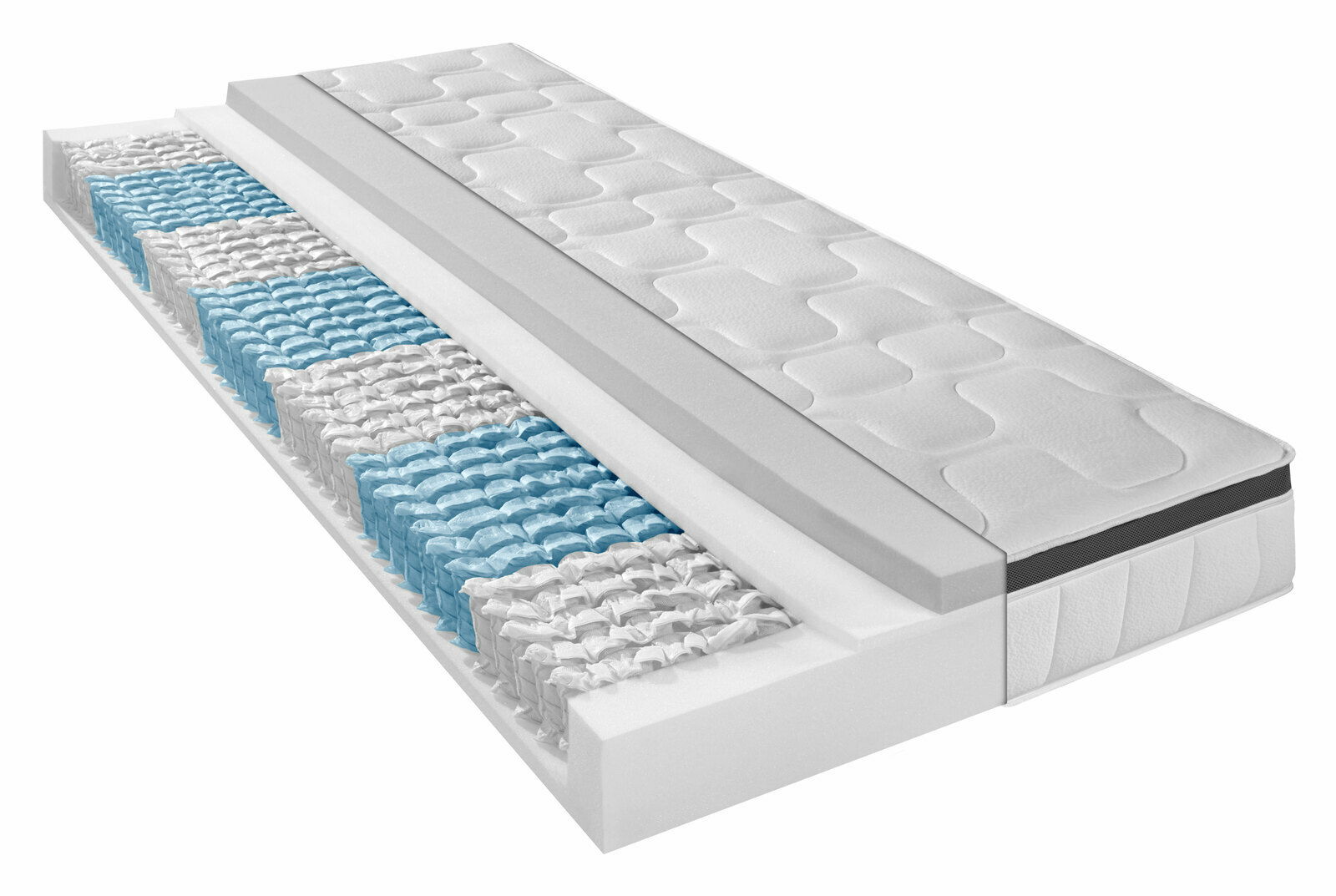 Querschnitt einer Matratze der Serie CURACAO mit Taschenfederkern, seitliche Perspektive