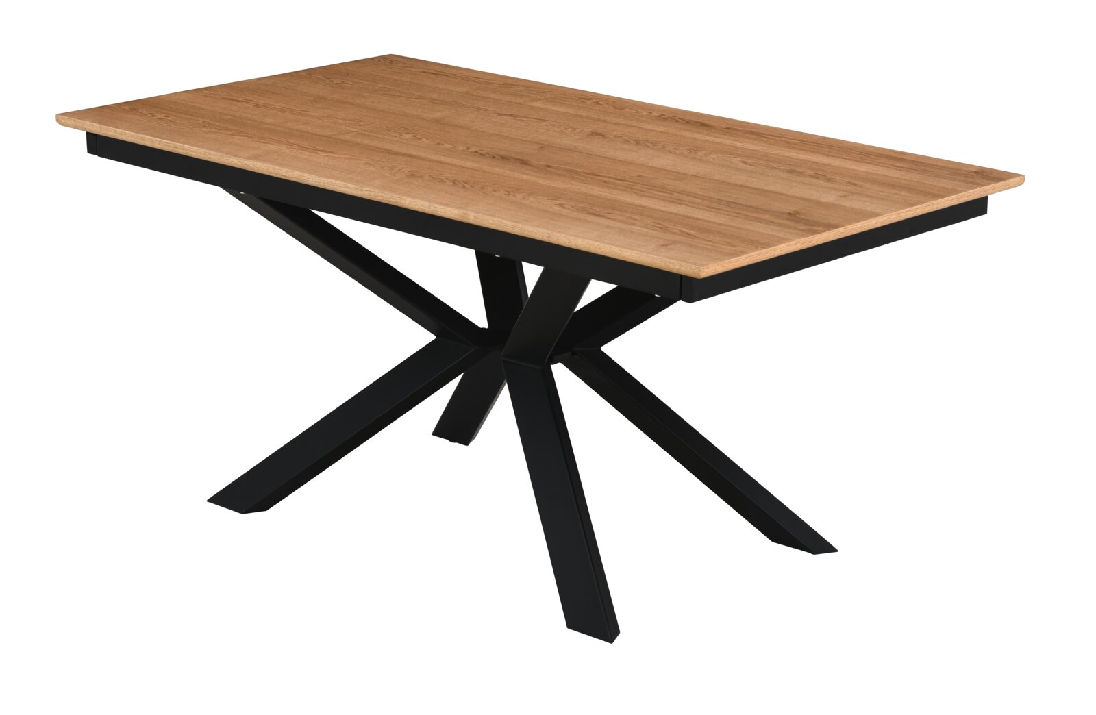Rechteckiger Esstisch mit natürlicher Holzplatte und schwarzem Metallgestell in Sternform, freigestellt auf weißem Hintergrund, perspektivische Ansicht schräg von oben