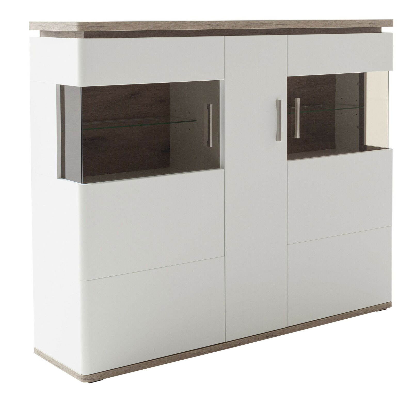 Modernes Highboard in Weiß mit Holzdetails, zwei Glastüren und Metallgriffen, seitliche Perspektive