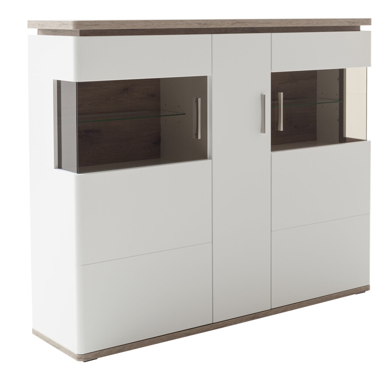 Modernes Highboard in Weiß mit Holzdetails, zwei Glastüren und Metallgriffen, seitliche Perspektive