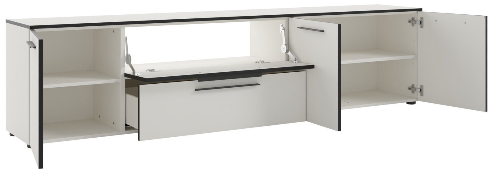 Weißes XL-TV-Lowboard mit offenen Türen und Schubladen, Frontalansicht