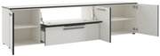 Weißes XL-TV-Lowboard mit offenen Türen und Schubladen, Frontalansicht