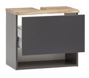 Moderner Waschbeckenunterschrank mit grauer Front und Holzoberfläche, seitliche Perspektive