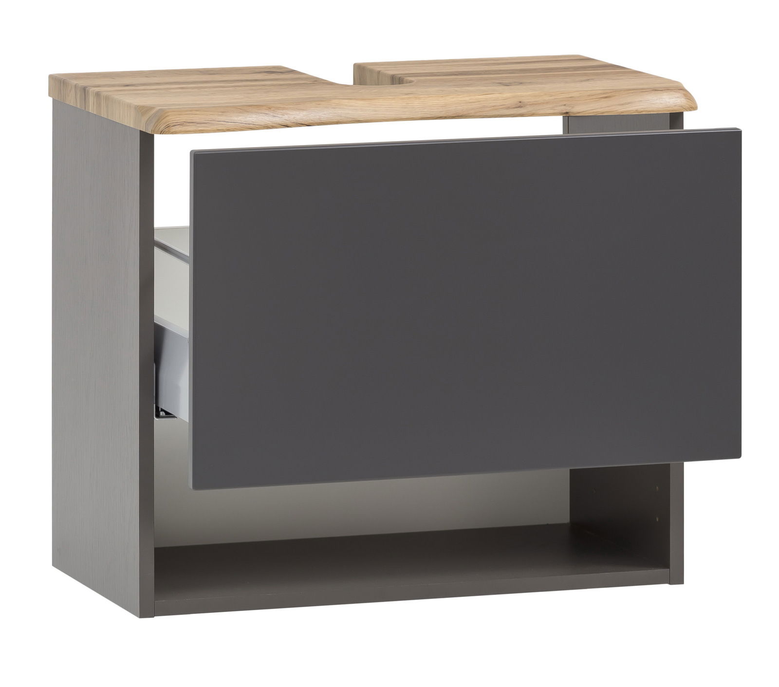 XORA Waschbeckenunterschrank VILLACH Moderner Waschbeckenunterschrank mit grauer Front und Holzoberfläche, seitliche Perspektive