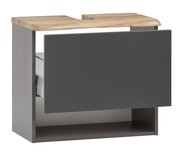 Moderner Waschbeckenunterschrank mit grauer Front und Holzoberfläche, seitliche Perspektive