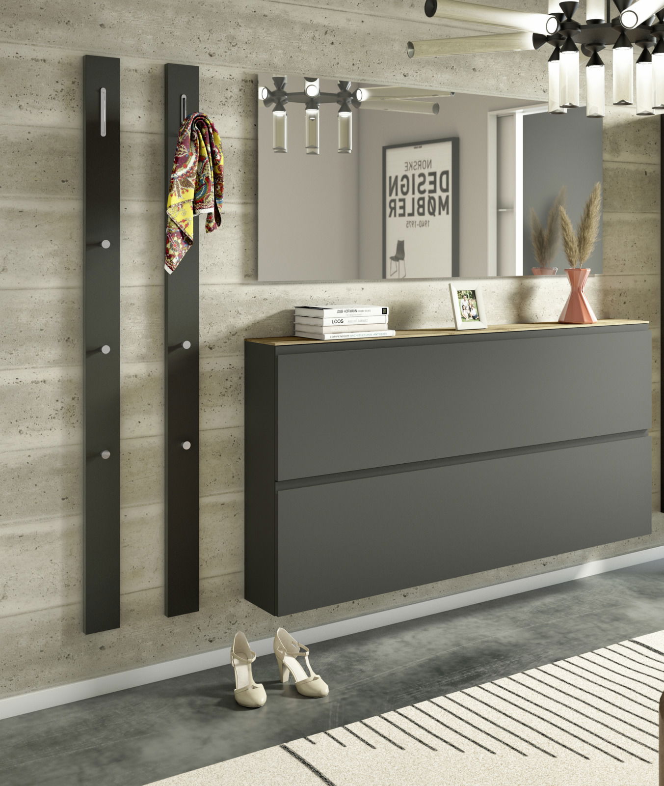 Moderne Garderobenset mit zwei vertikalen Paneelen mit Haken, einem großen Spiegel und einem schwebenden Sideboard in einer stilvollen, minimalistischen Einrichtung. Perspektive von vorne.