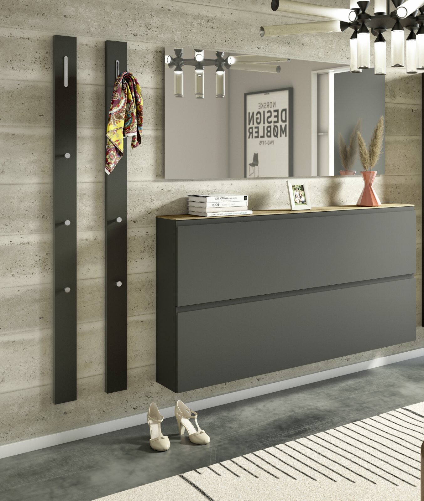Moderne Garderobenset mit zwei vertikalen Paneelen mit Haken, einem großen Spiegel und einem schwebenden Sideboard in einer stilvollen, minimalistischen Einrichtung. Perspektive von vorne.