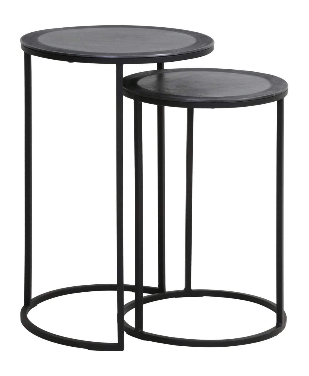 Zwei schwarze, runde Beistelltische aus Metall, ineinander verschachtelt, seitliche Perspektive