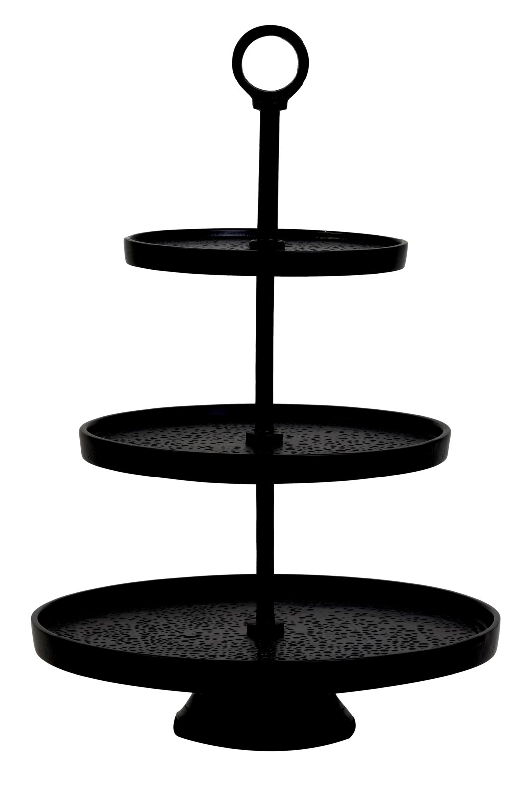 Schwarze dreistöckige Etagere aus Metall mit unterschiedlich großen, perforierten Tabletts und ringförmigem Griff, frontal aus leichter Aufsicht dargestellt