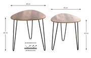 Zwei runde Beistelltische/Couchtische im Set mit Holzoptik-Tischplatten und schwarzen Hairpin-Metallbeinen, Frontansicht auf weißem Hintergrund, mit Maßangaben (48 cm Durchmesser/48 cm Höhe und 40 cm Durchmesser/43 cm Höhe) sowie Hinweis auf Melaminharzbe