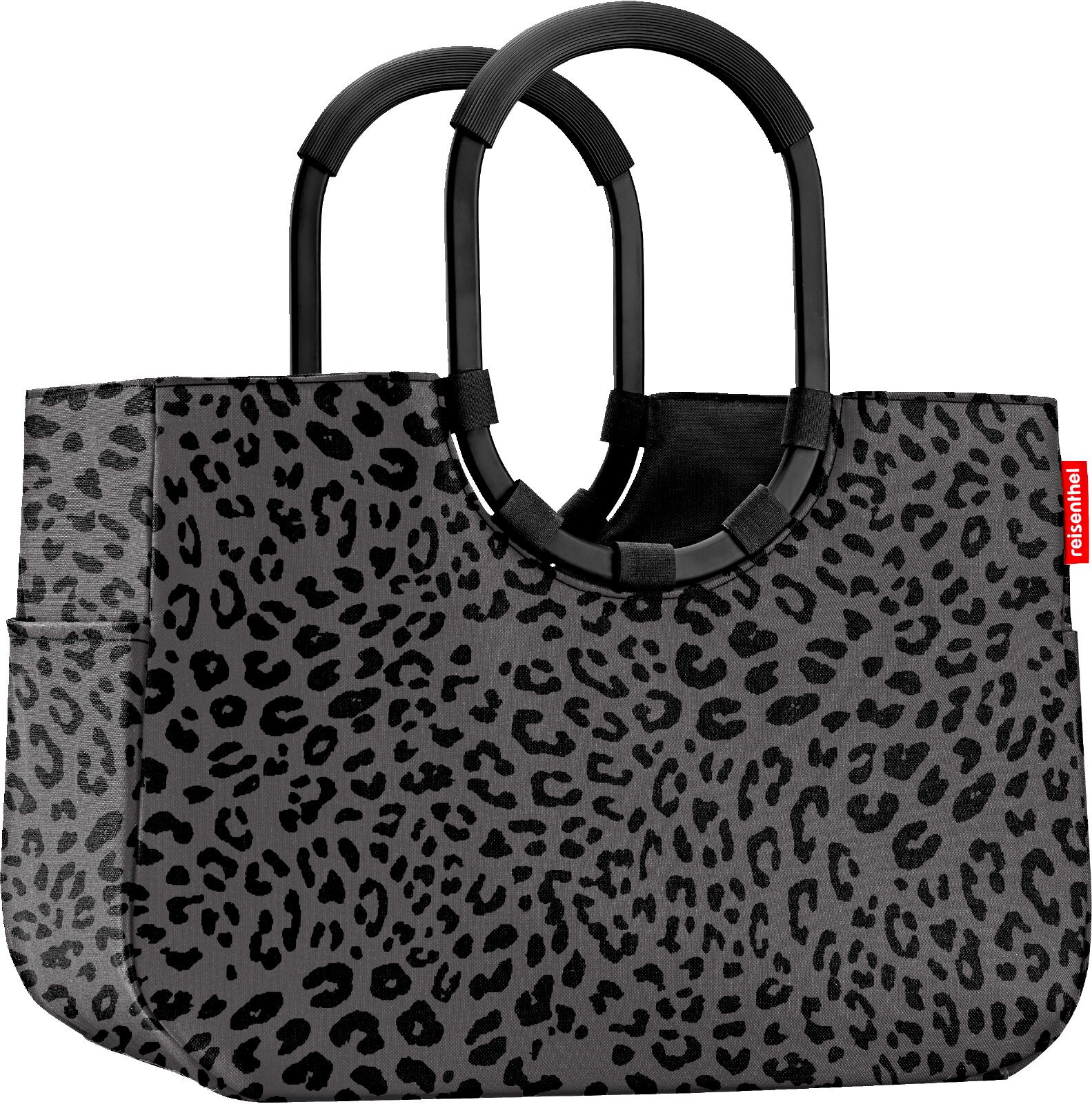 Grijze reisenthel shopper met zwarte luipaardprint en twee ronde zwarte handgrepen, vanuit vooraanzicht met zicht op de linkerzijkant