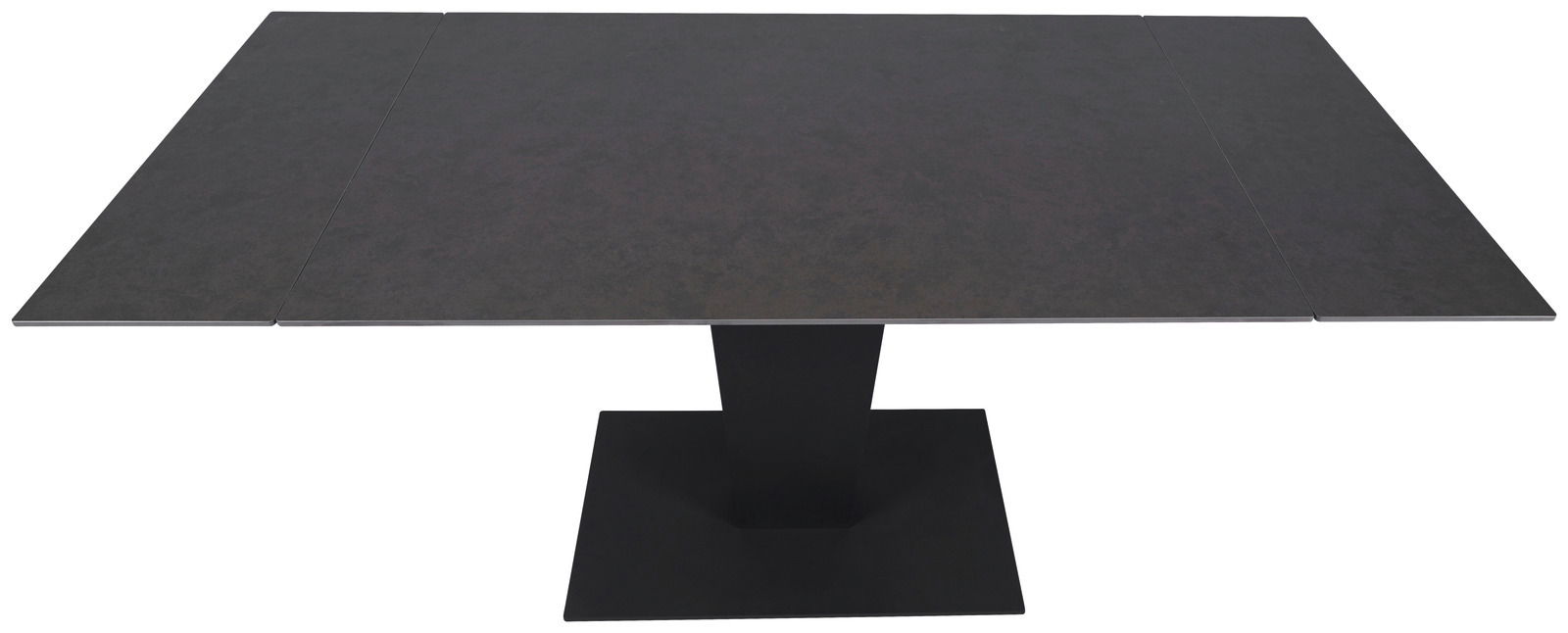 Moderner Esstisch mit dunkler Tischplatte und zentralem Standfuß, Ansicht von oben.