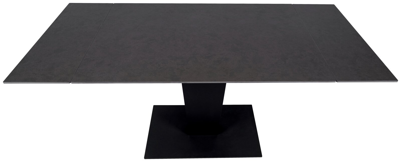 Moderner Esstisch mit dunkler Tischplatte und zentralem Standfuß, Ansicht von oben.