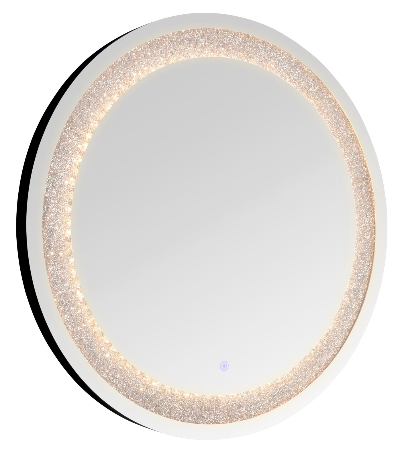 XORA LED-Lichtspiegel HERMINE Runder LED-Badezimmerspiegel mit warmweiß leuchtendem Glitzerring und Touch-Sensor, Frontalansicht auf weißem Hintergrund