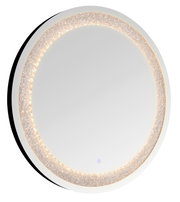 Runder LED-Badezimmerspiegel mit warmweiß leuchtendem Glitzerring und Touch-Sensor, Frontalansicht auf weißem Hintergrund